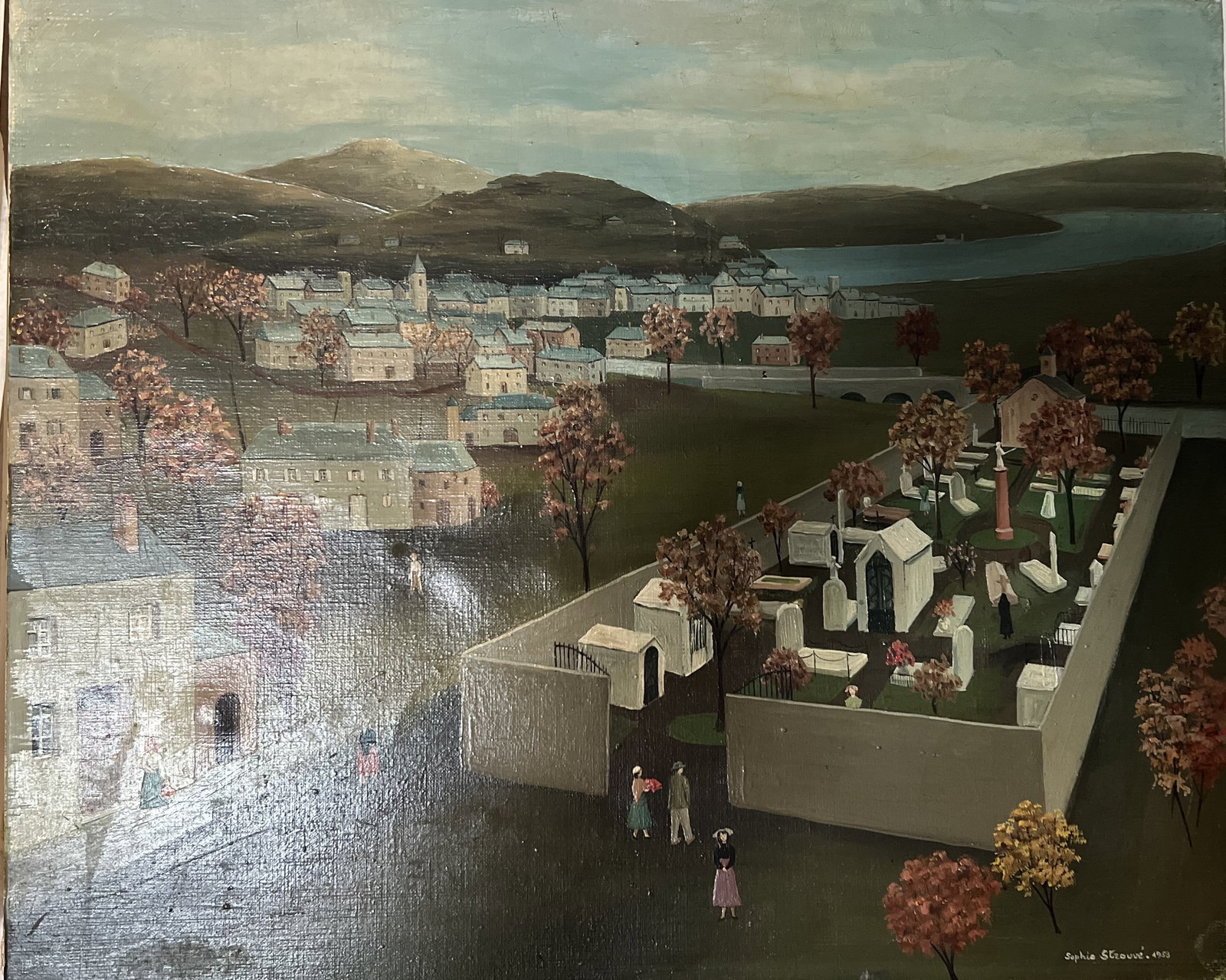 Sophie Strouve, Vintage French Village Signed and Dated 1953: This beautiful painting by Sophie Strouve is a true masterpiece of French art. Created in 1953, it depicts a charming French village with stunning natural scenery. The painting is signed by the artist