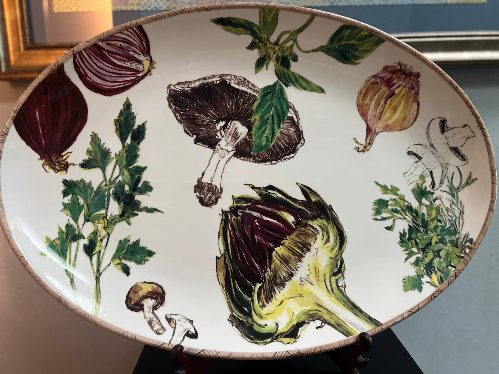 Large Serving Plate Williams Sonoma French Market 19" L 14 W: Experience the charm of a French market with this Large Serving Plate from Williams Sonoma. The plate showcases an intricate multicolored design that captures the essence of a vibrant marketplace. Cra