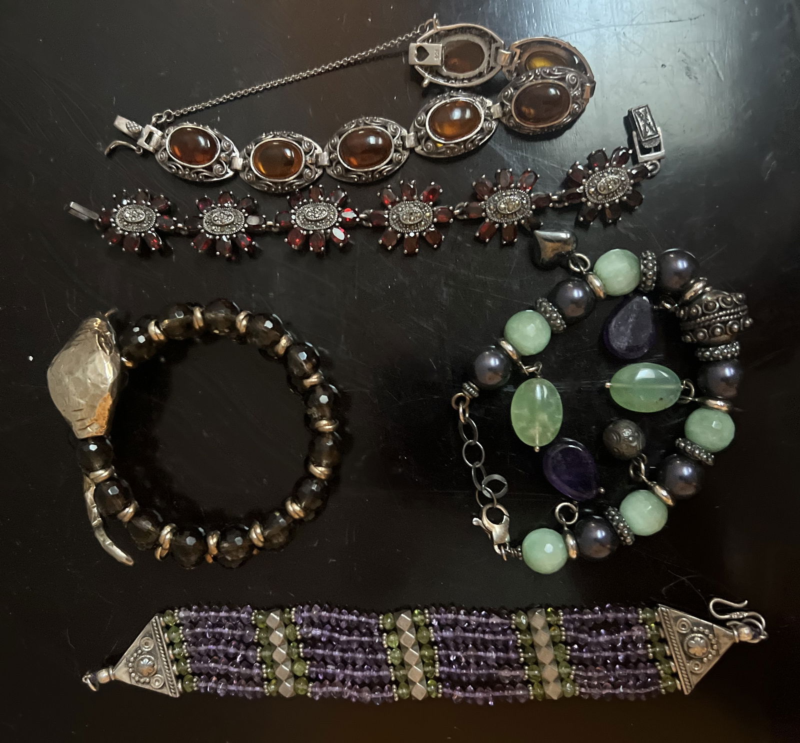 A Collection of 5 Bracelets, Sterling Silver, Stones and Glass (1 of 2)