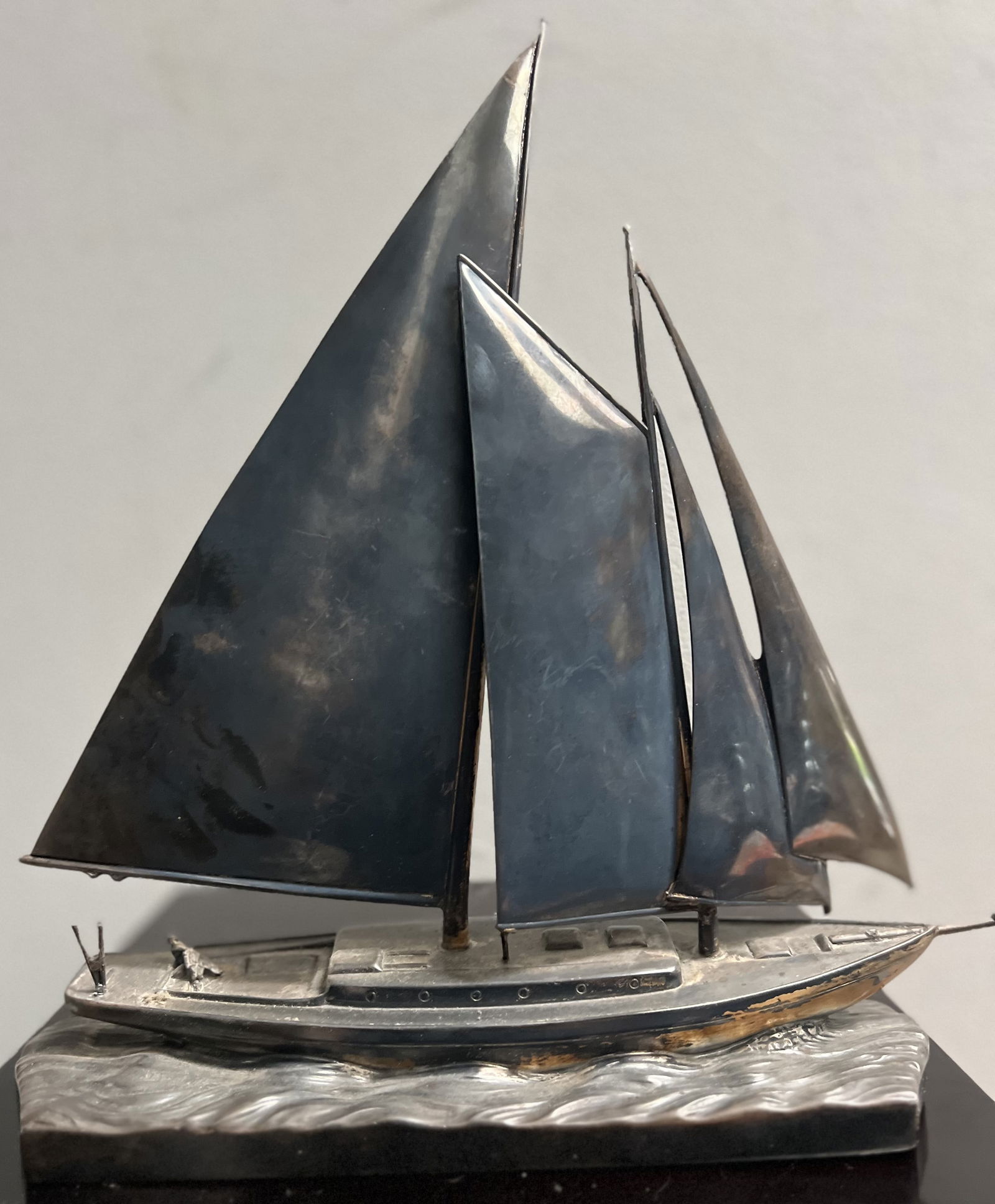 Large Vintage Silver Plated Scale Model Sailboat  Art Sculpture 13" T 11" W (1 of 3)