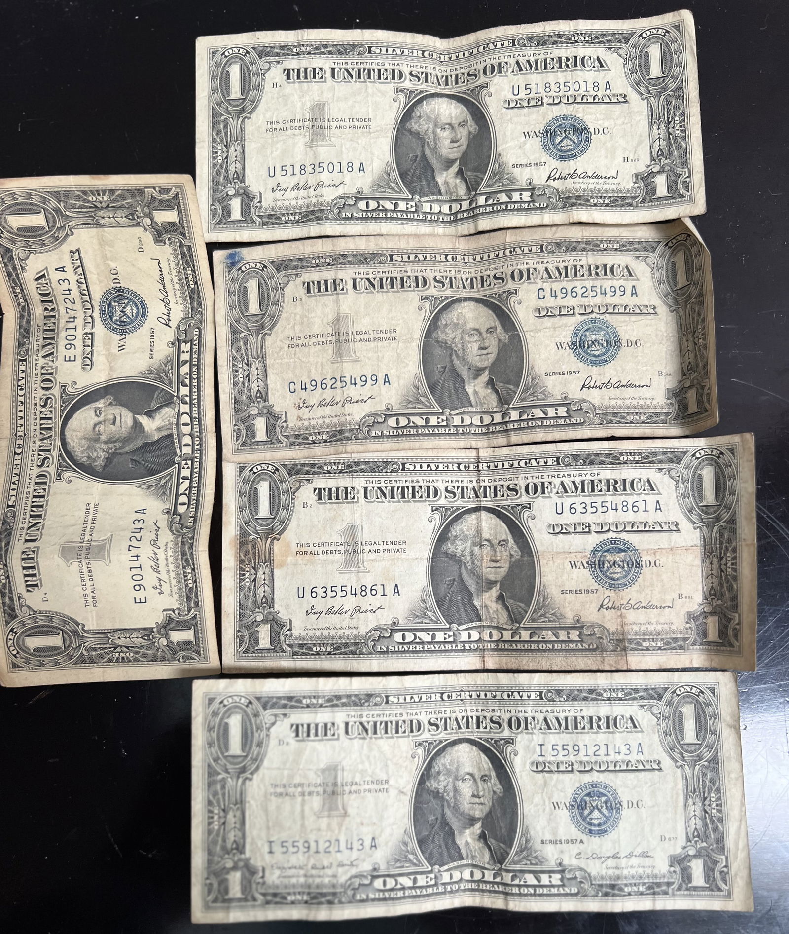 Collection of 5 1957 Silver Cert  Dollar Bills (1$) Circulated (1 of 1)