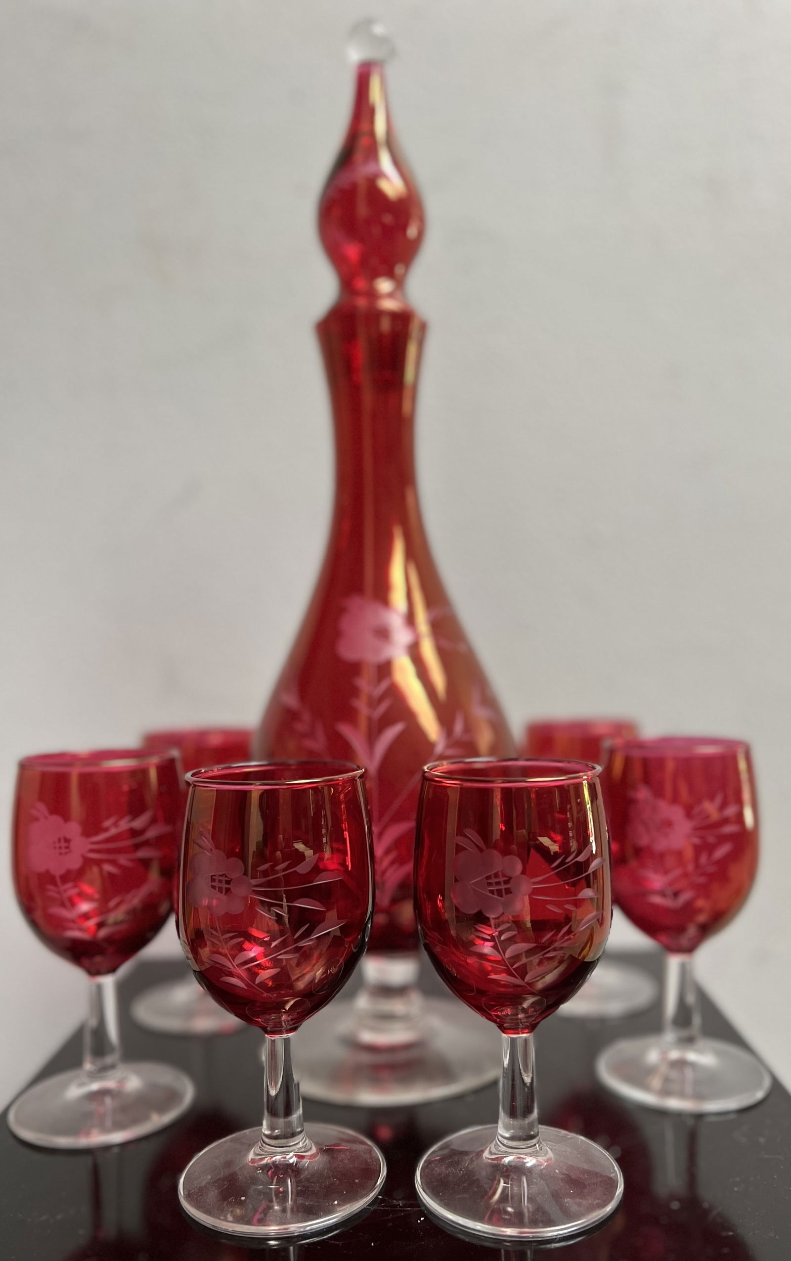 Vintage Cranberry Cut Decanter w Stopper and 6 Clear footed Glasses (1 of 3)