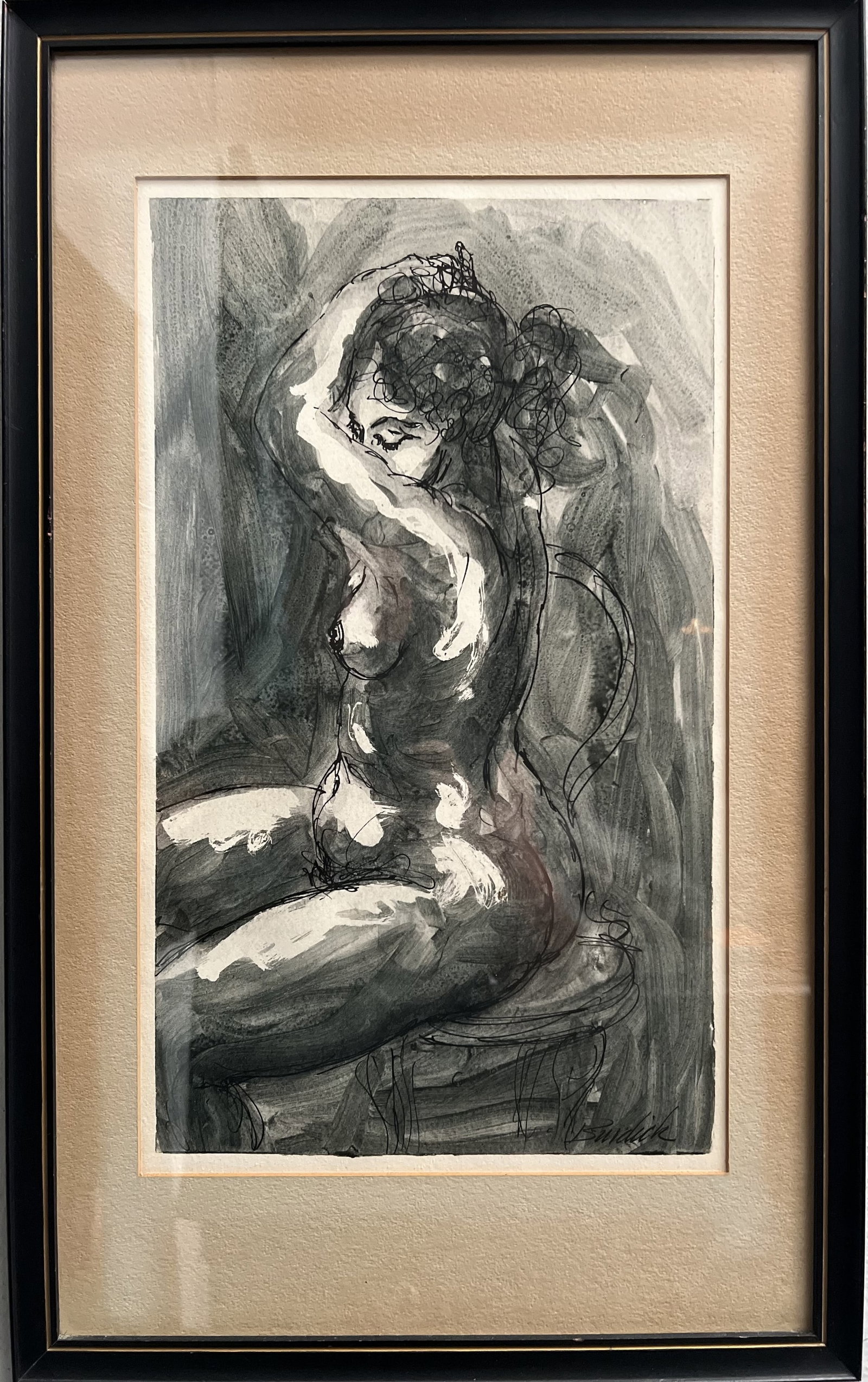 Charles Burdick (American 1924-2016) Mixed Medix Signed Lower Right Nude Study: Discover the artful expression of Charles Burdick's Mixed Media print, a captivating representation of the human form that stands as a Nude Study. Signed by the artist himself, this piece is an authen