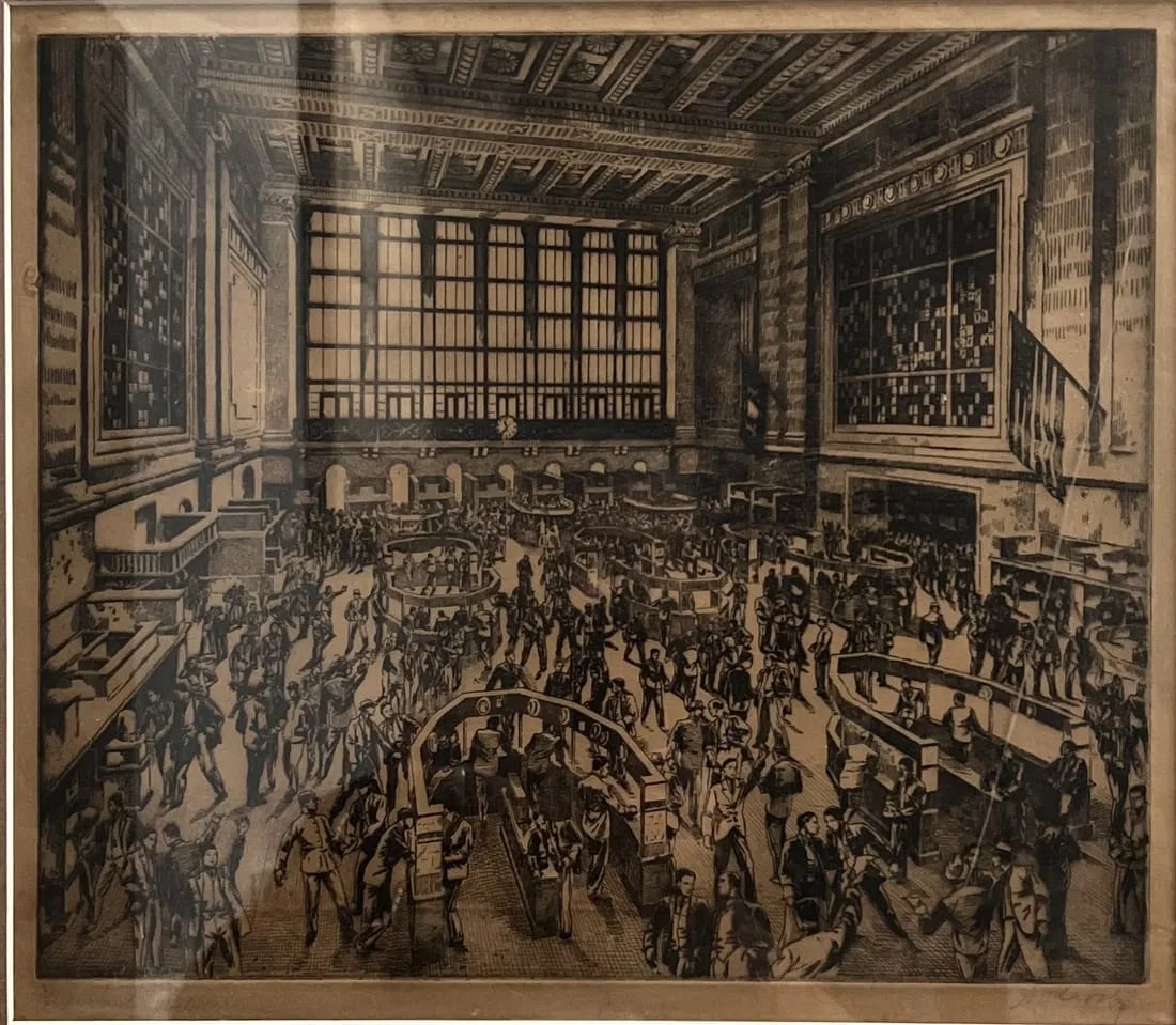 Andrew B Karoly (B 1893) Vintage Hand Signed Etching "New Youk Stock Exchange" (1 of 4)