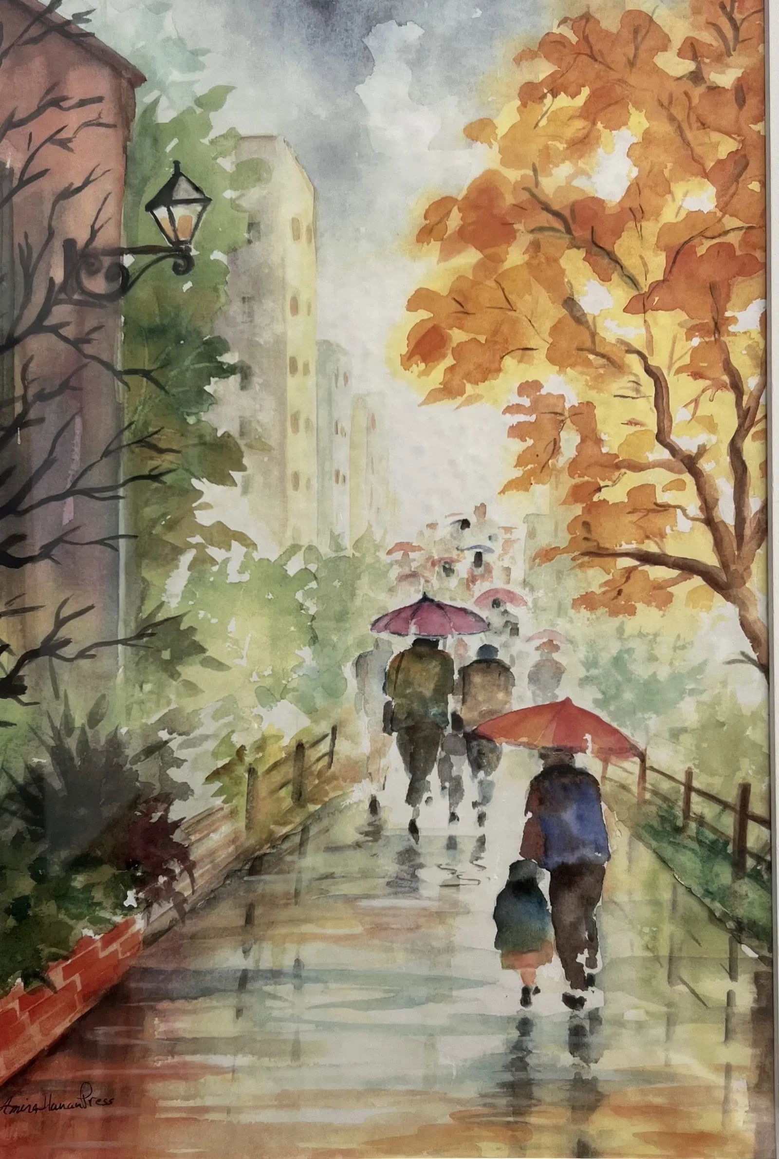 Amira Hanan Press "Raining day in Autumn" Watercolor on Paper Framed (1 of 4)