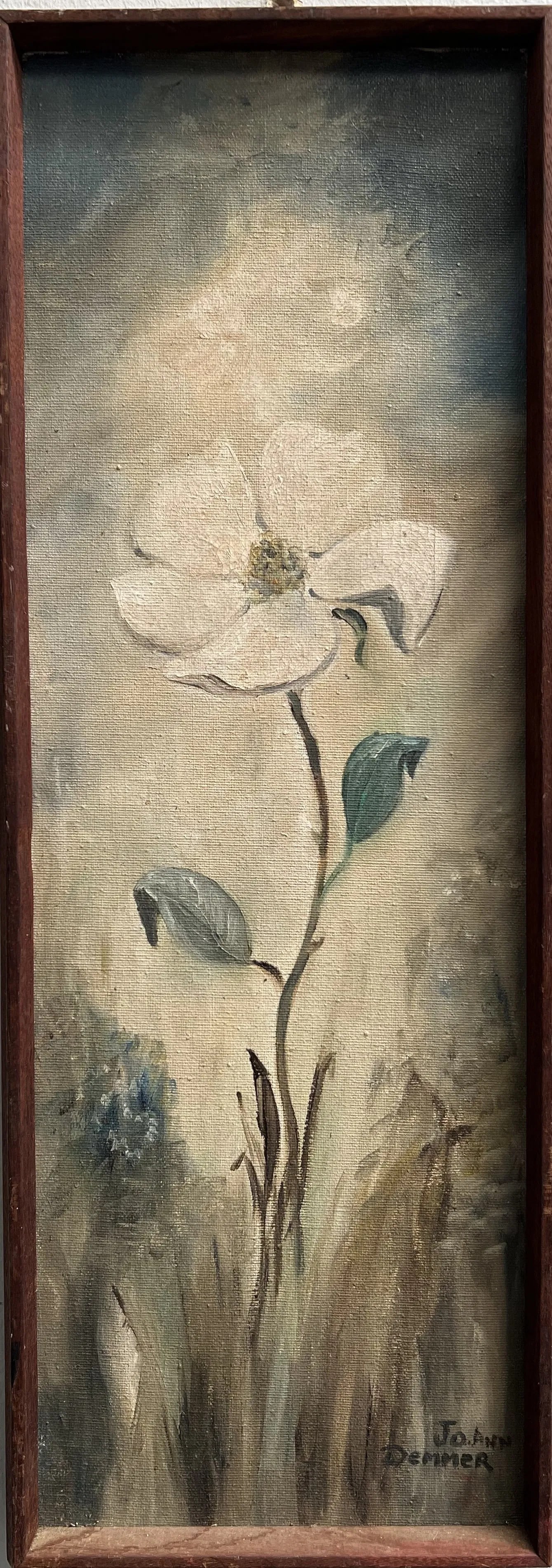 A Rose in the Garden, Oil Signed by the Artist Jo Ann Demmer: This beautiful painting titled "A Rose in the Garden" is an original piece signed by the artist Jo Ann Demmer. The painting is done in oil on a small canvas size, and is framed to complement its beaut