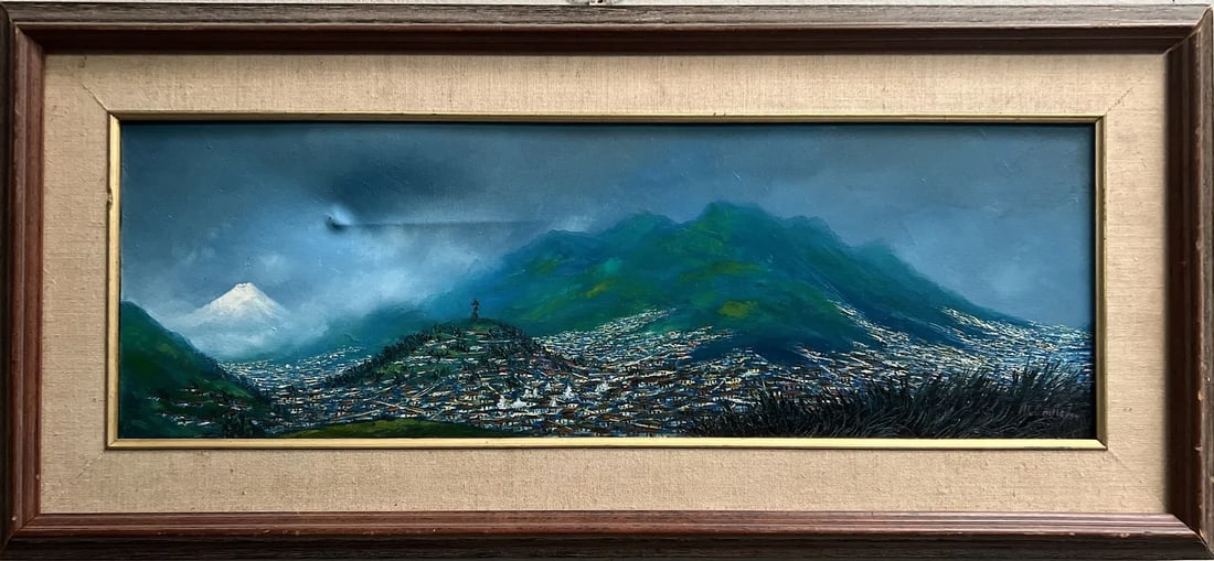 Rio De Janeiro Skyline Oil On Canvas signed by the Artist Lower R: This stunning oil painting on canvas depicts the beautiful city of Rio De Janeiro, Brazil. The artwork is signed by the artist and comes framed and matted, ready to be displayed in your home. The cont