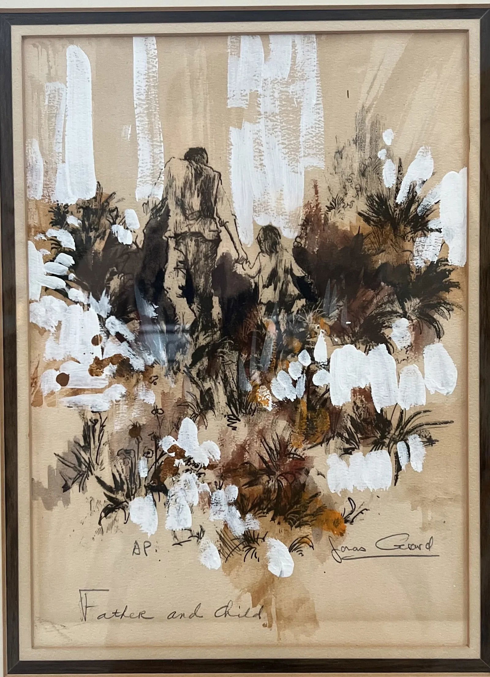 Jonas Girard (1941-2020)Mixed Media on Paper "Father and Child" Signed in Pencil: This beautiful mixed media artwork on paper titled "Father and Child" by Jonas Girard is a one-of-a-kind piece signed by the artist himself. The portrait orientation showcases the intricate details of