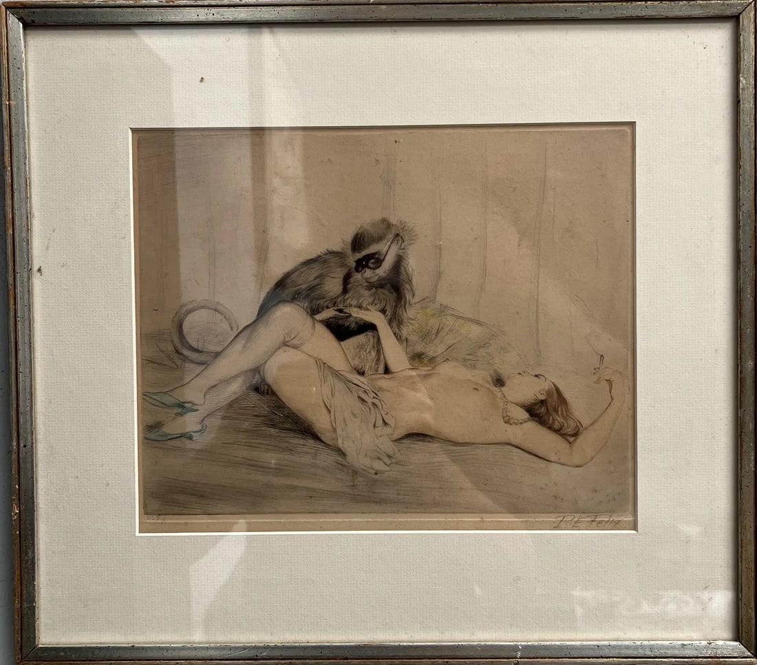 Etching By the Artist P.E.Felly , Hand Signed Framed under Glass: This beautiful etching by artist P.E.Felly is a hand-signed piece that is framed under glass. The artwork depicts a nude woman with an impressionist style, and is printed on paper with a landscape ori