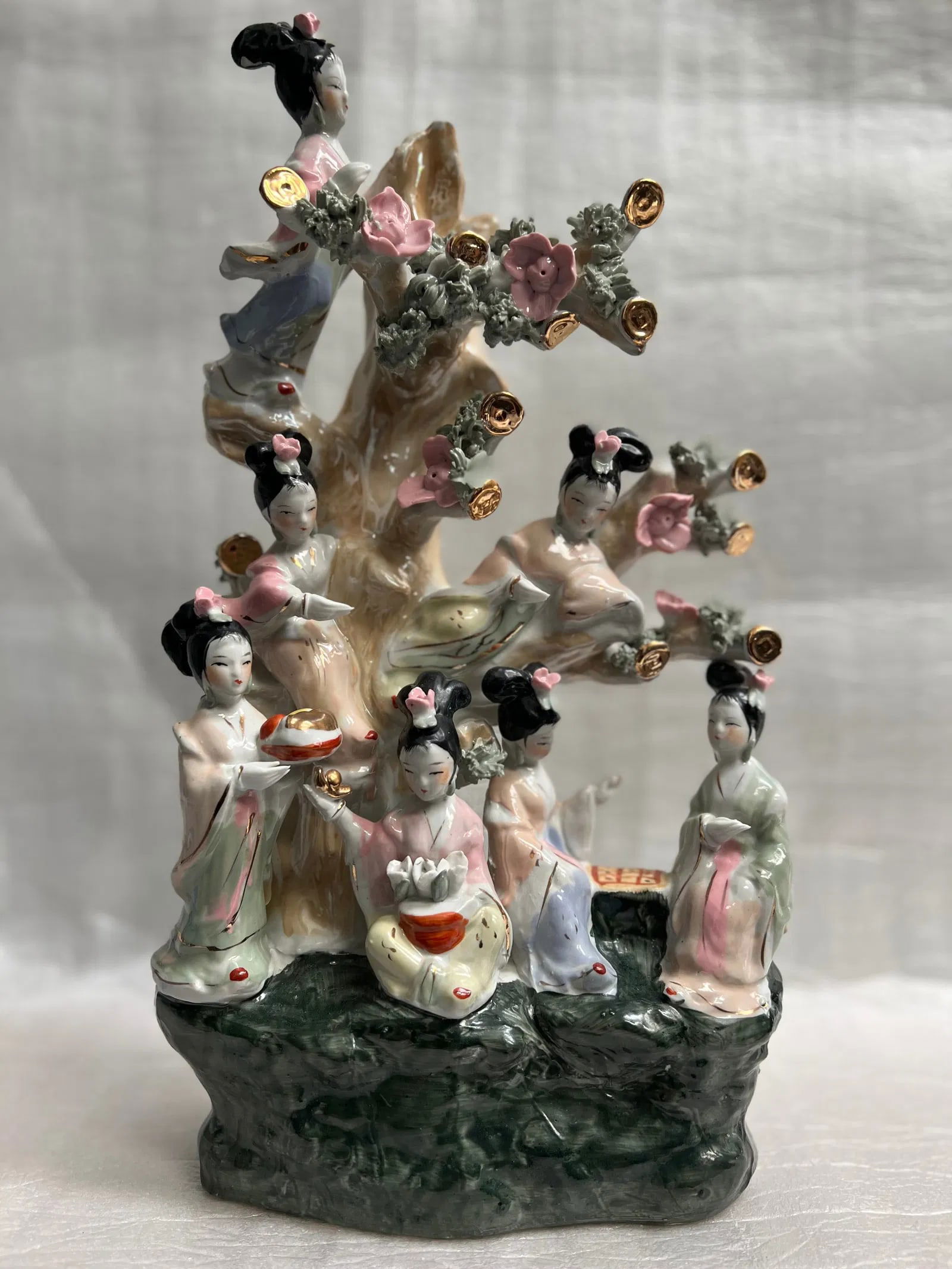 Large Vintage Oriental Porcelain Hand Painted Lusterware Geisha Money Tree (1 of 5)