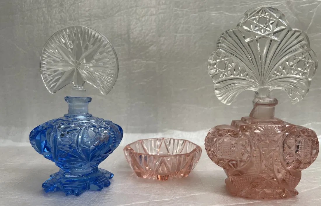 Antique Czechoslovakian Pink and Blue Perfume Bottles with Fan Stoppers & Pink Trinket Dish (1 of 4)