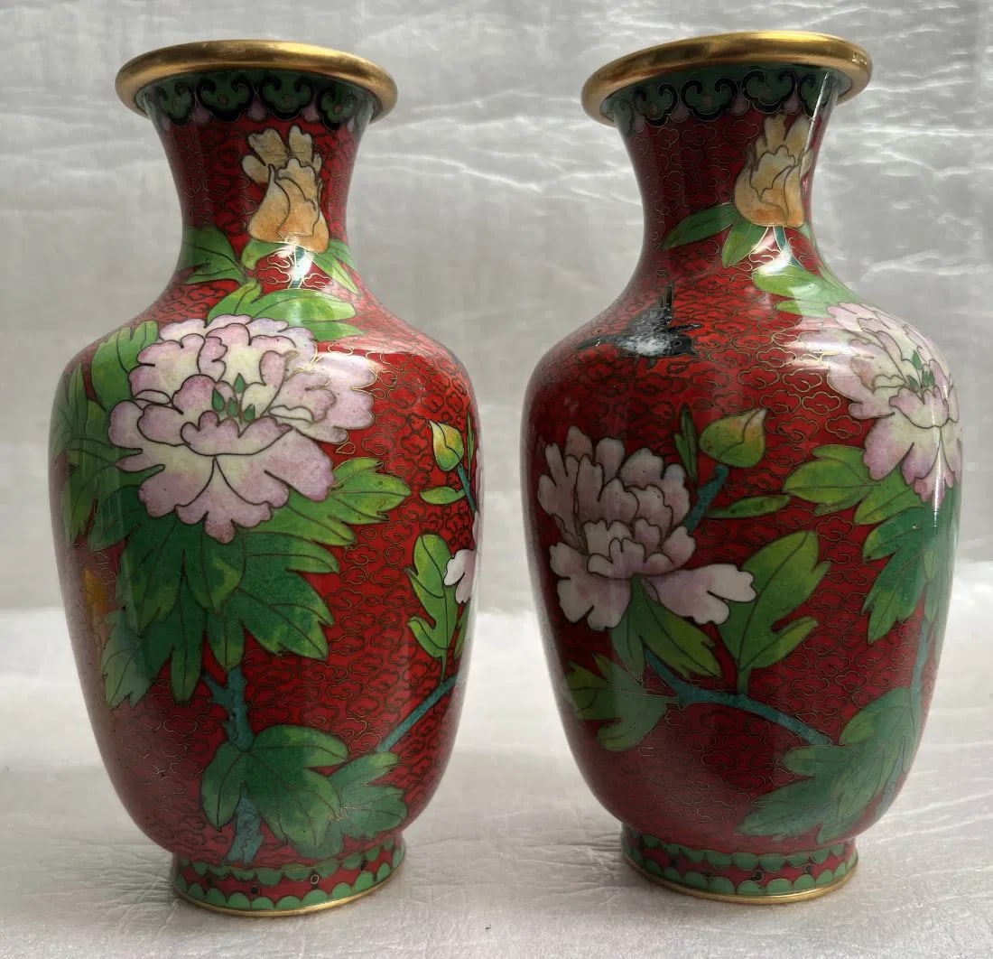 2 Vintage Jingfa Cloisonne enamel brass vases h 7.25 w 3.5 (1 of 4)