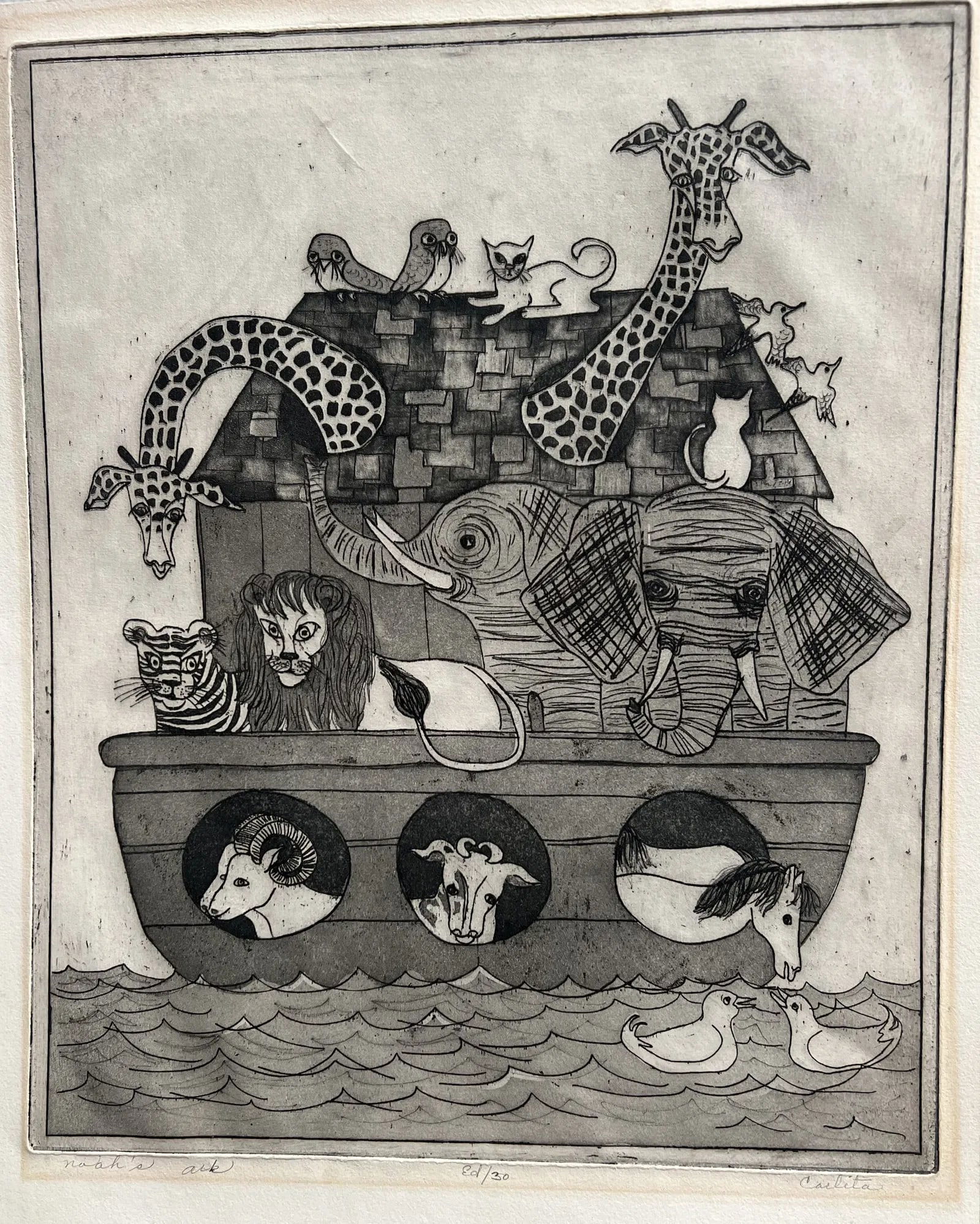 Vintage Etching By Carlita "Noah's Ark" (1 of 2)