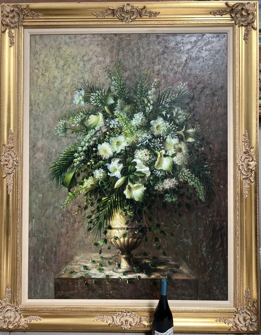 LARGE VERTICAL MID CENTURY MODERN VASE WITH FLOWERS UNSIGNED THE ARTIST BY (1 of 3)