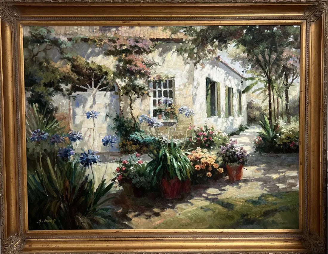 LARGE HORIZONTAL MID CENTURY MODERN VASE WITH FLOWERS SIGNED THE ARTIST S HARP (1 of 3)