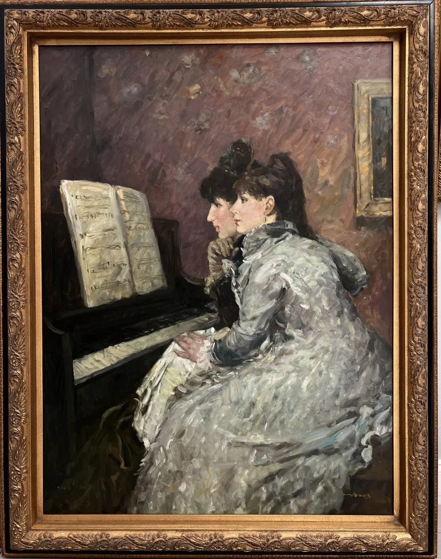 LARGE VERTICAL MID CENTURY MODERN ART " CHILDREN AT THE PIANO " SIGNED BY THE ARTIST (1 of 6)