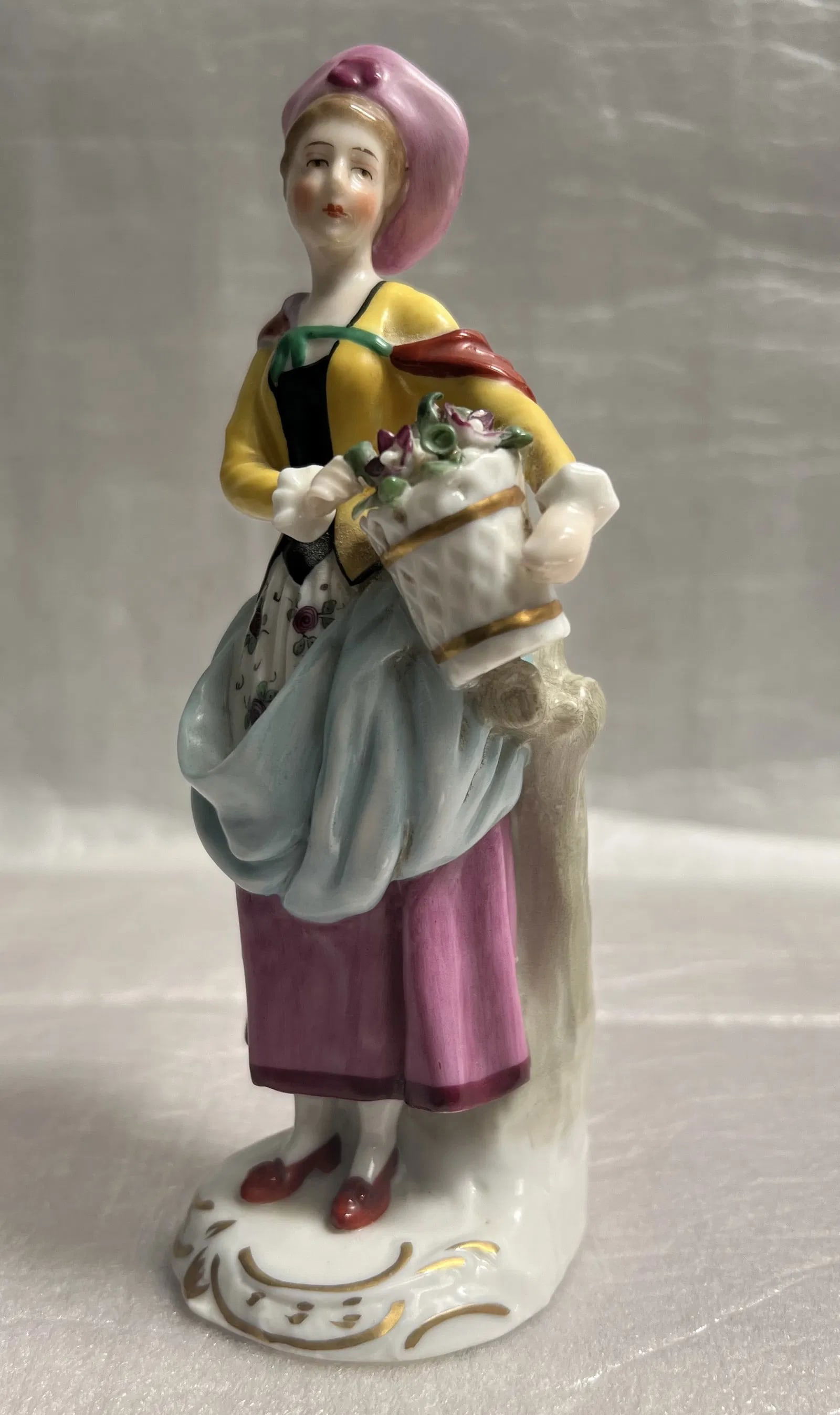 Meissen, German, antique Hand Painted Porcelain Figure with Flowers (1 of 4)