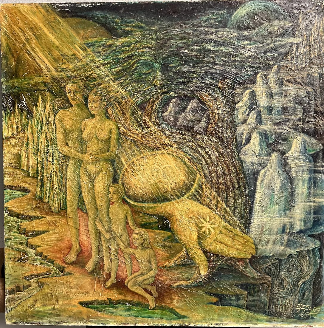 Lester C Johnson AKA GESLOS, Mid Century Oil on Board , 2 sided wk Signed (1 of 2)