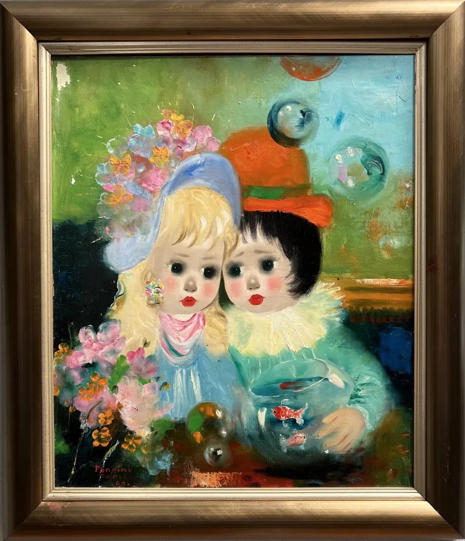 Santini Poncini " Girl and Boy" Paris, Oil on Board Signed Lower Left: This beautiful painting by Santini Poncini portrays a charming scene of a girl and boy in Paris. The artist's skilled use of oil painting technique on cardboard brings the artwork to life with its imp