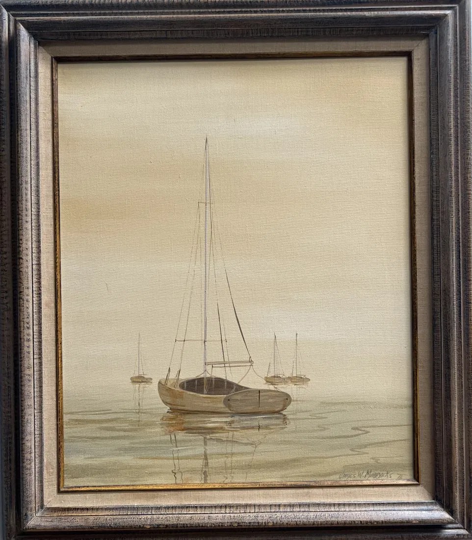 James W. Maddocks (20/21st c.) "Sail Boat in the Cove" Signed and dated Lower Rt: This stunning painting titled "Sail Boat in the Cove" by James W. Maddocks is a true masterpiece. Created in 1976, it is an original oil painting on cardboard and measures 31 inches in height and 27 i