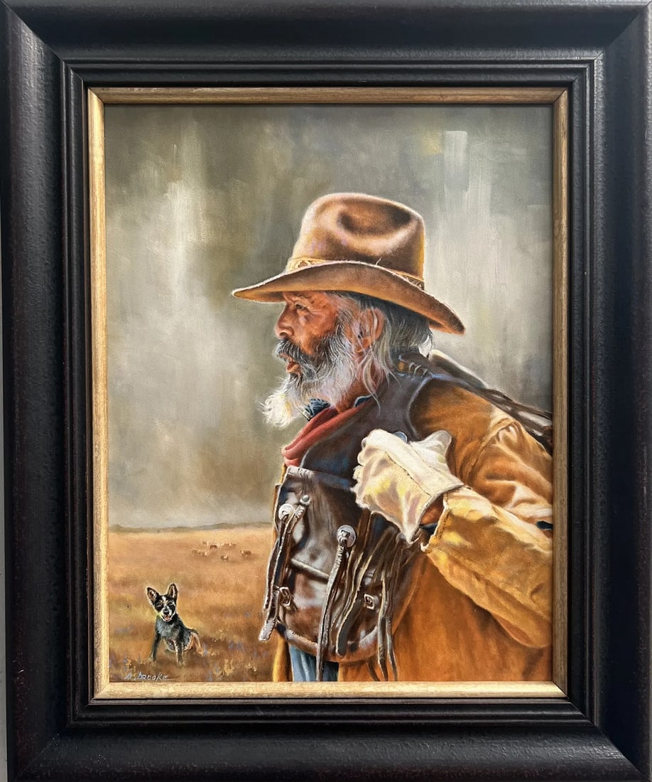 Susan Brooke " Want to be a Cowboy" Oil on Canvas: This stunning oil on canvas painting by Susan Brooke is a must-have for any art lover. Titled "Want to be a Cowboy", this contemporary work of art depicts a majestic cowboy in the countryside. The pai