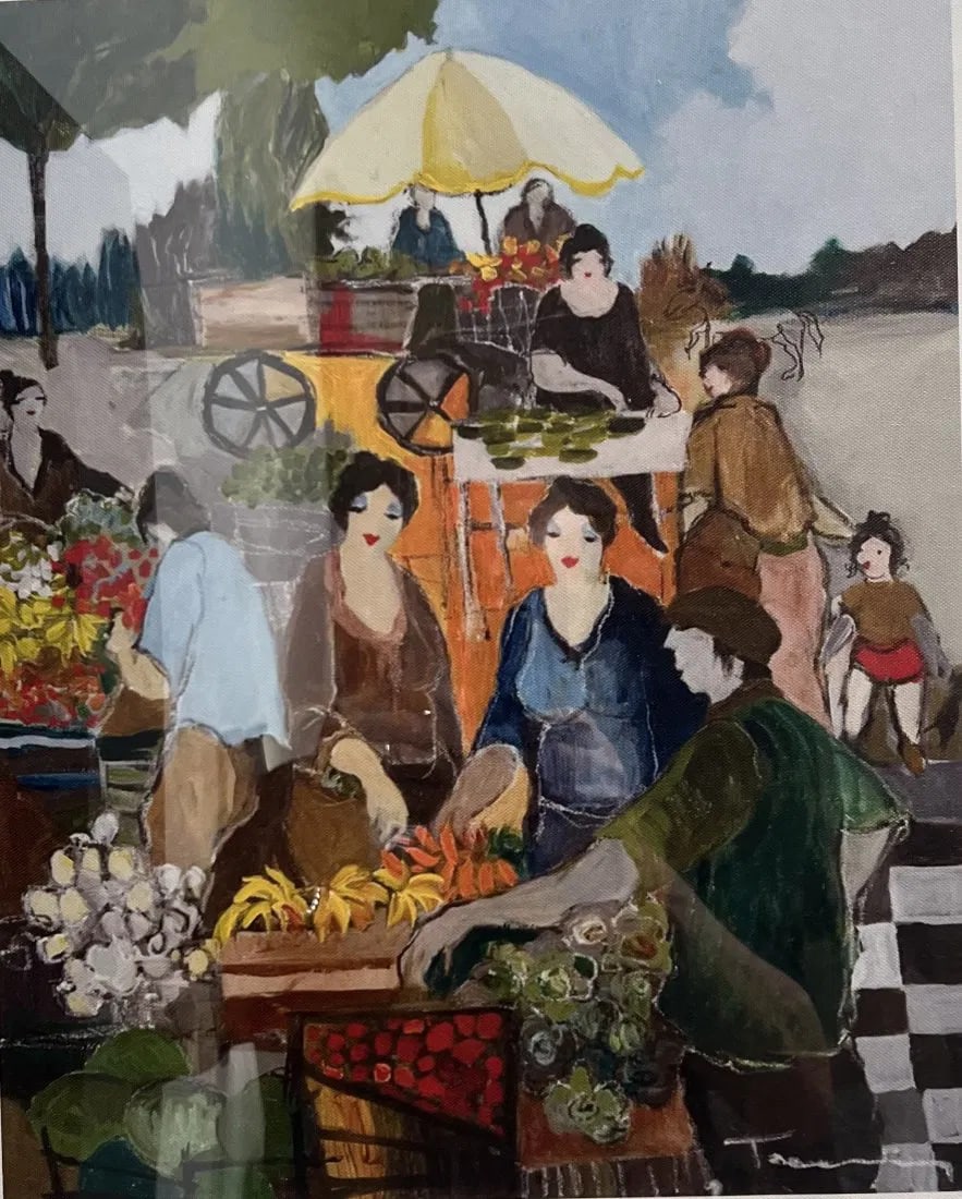 ITZCHAK TARKAY "THE FLOWER MARKET" OIL PRINT ON CANVAS SIGNED LOWER RIGHT (1 of 4)