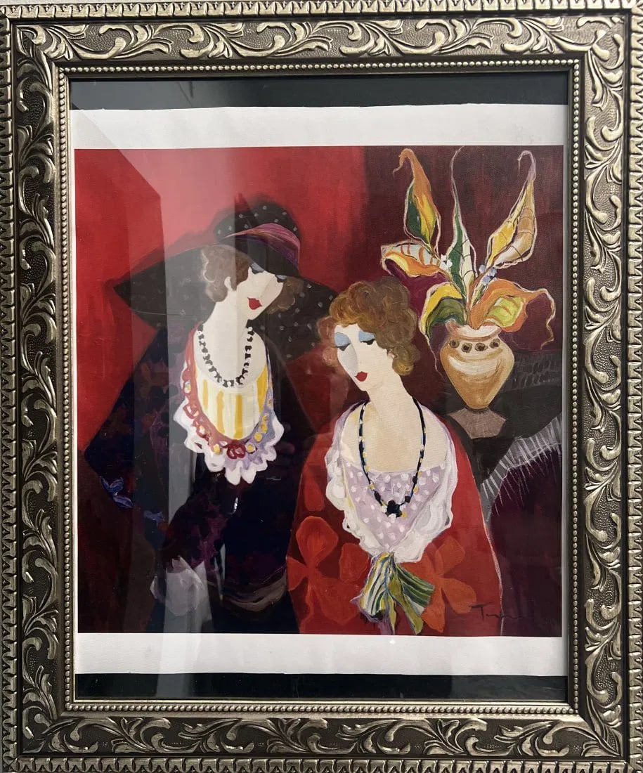 ITZCHAK TARKAY "JANE AND MARINA" OIL PRINT ON CANVAS SIGNED LOWER RIGHT: This beautiful print on canvas by renowned artist Itzchak Tarkay features two women named Jane and Marina. The image orientation is portrait and the print is a licensed reprint. It has been signed by 