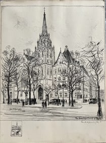 FRANK M ARMSTRONG "THE AMERICAN CHURCH OF PARIS"HAND SIGNED IN PENCIL MIXED MEDIA 1931