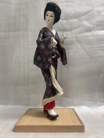 Vintage Japanese Geisha Doll 17" in Blue Kimono on a Wood Base