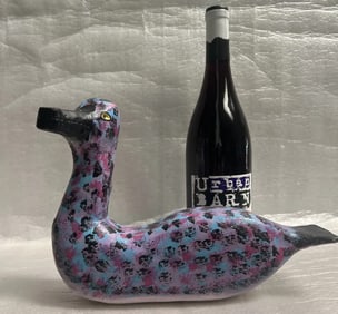 FOLK ART HAND CARVED AND HAND PAINTED WOODEN DUCK BY JIM LEWIS. 7.5"X11"