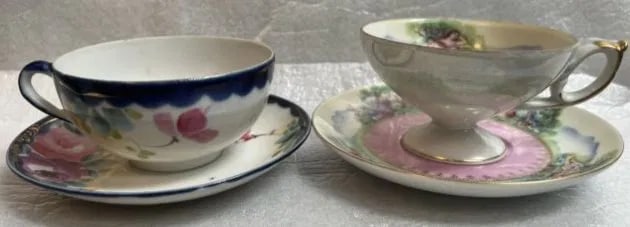 A SET OF (2) DIFFERENT Japanese TEA CUPS ,(1) HAND PAINTED W 24K GOLD, (1) COLBERT BLUE W FLOWERS