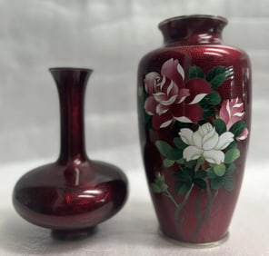 PAIR OF JAPANESE SATO ANDO GINBARI STYLE CLOISONNE ENAMEL RED FOIL VASE