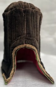 ANTIQUE TIBETAN HAT CHILD SIZE BROWN OUTSIDE RED INTERIOR