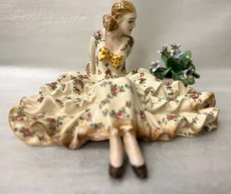 ARTIST SIGNED T. SEBELIN LARGE ITALIAN LADY CERAMIC FIGURINE SITTING NEXT TO FLORAL BASKET