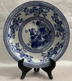 LARGE CHINESE EXPOST BLUE & WHITE PORCELAIN BOWL 14" WIDE 3.5" TALL