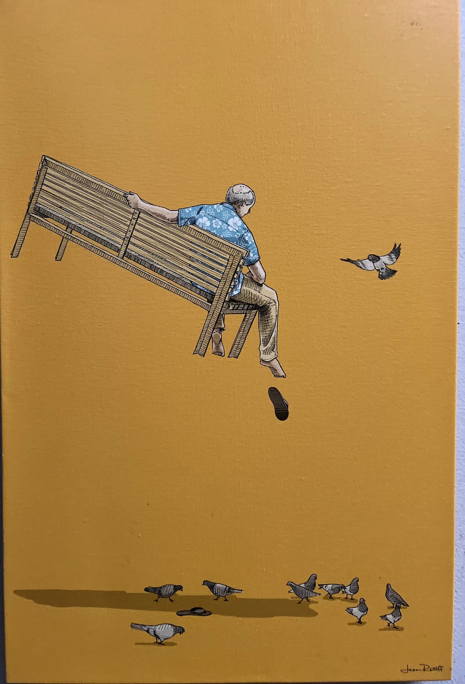 WITH THE PIGEONS BY JASON RATLIFF STUNNING GICLE: Indulge in the beauty of 'With the Pigeons' by Jason Ratliff. This stunning piece of art is perfect for any wall in your home or office. The canvas has been handcrafted with care and features a realis