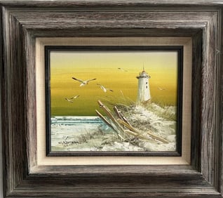 STUNNING OIL ON CANVAS LIGHTHOUSE BY THE OCEAN SIGN BY THE ARTIST "NEIMAN