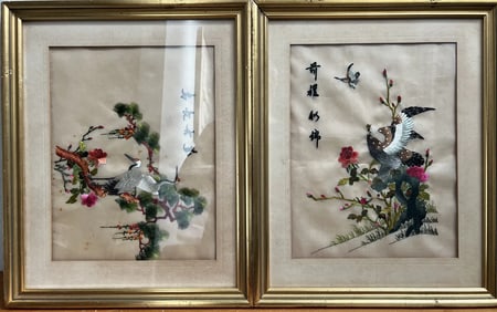 Pair of Vintage Chinese Silk Embroidered Cranes Framed Art Signed 15"W x 18"T