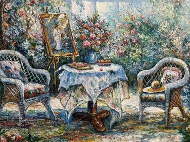 GIFFORD BEAL "PATIO SETTING WITH FLOWERS AND WICKER" OIL ON CANVAS