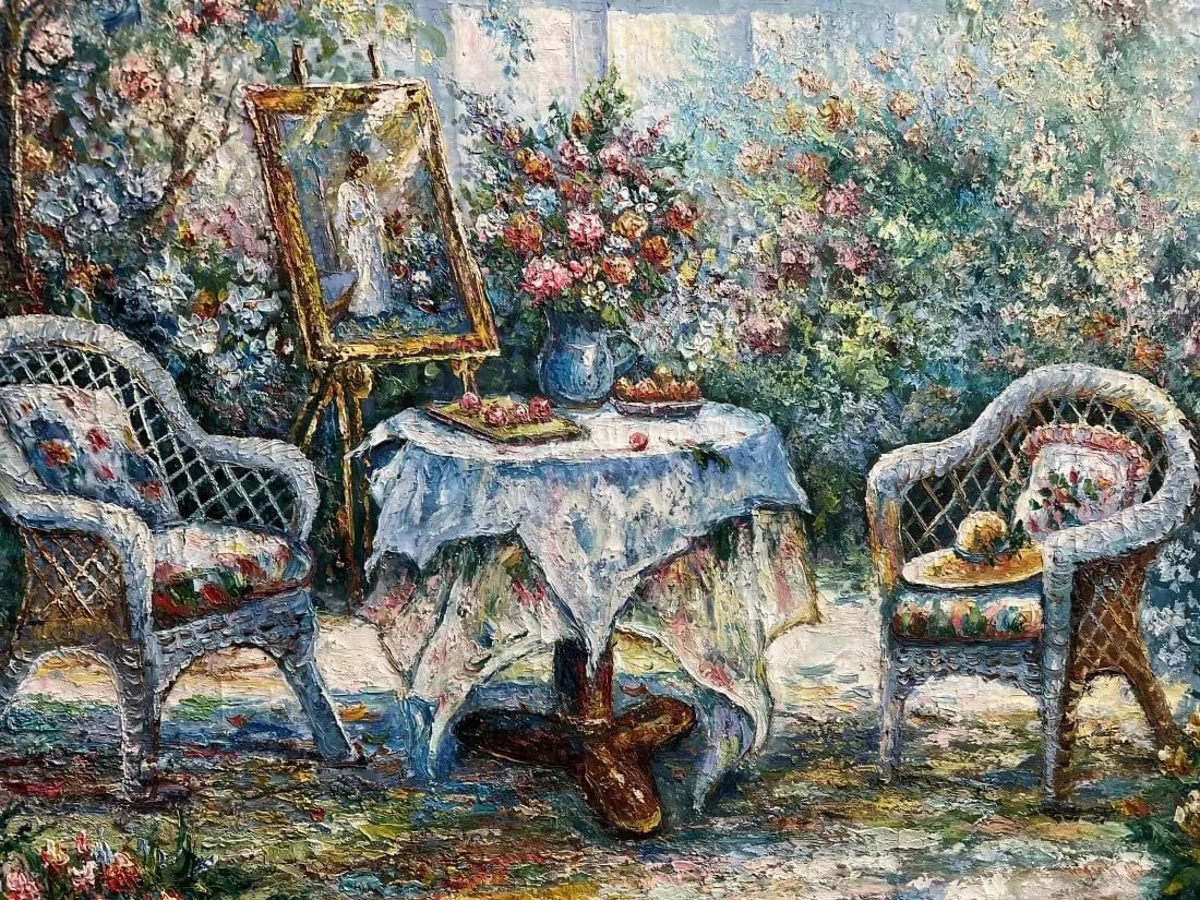 GIFFORD BEAL "PATIO SETTING WITH FLOWERS AND WICKER" OIL ON CANVAS (1 of 5)