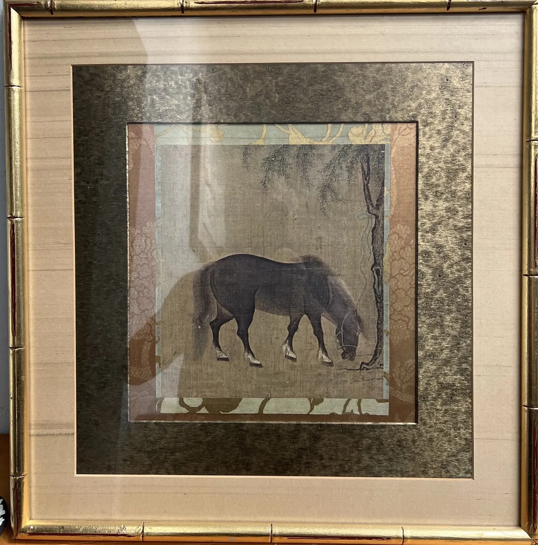 ORIENTAL SQUARE , EANY IS CENTURY KINGS AMBLER HORSE AND WILLOW TREE PRINT: This beautiful print titled "Oriental Square" features a stunning depiction of a horse and willow tree in an abstract style . Measuring 21 inches in length and height, this licensed reprint is matted 