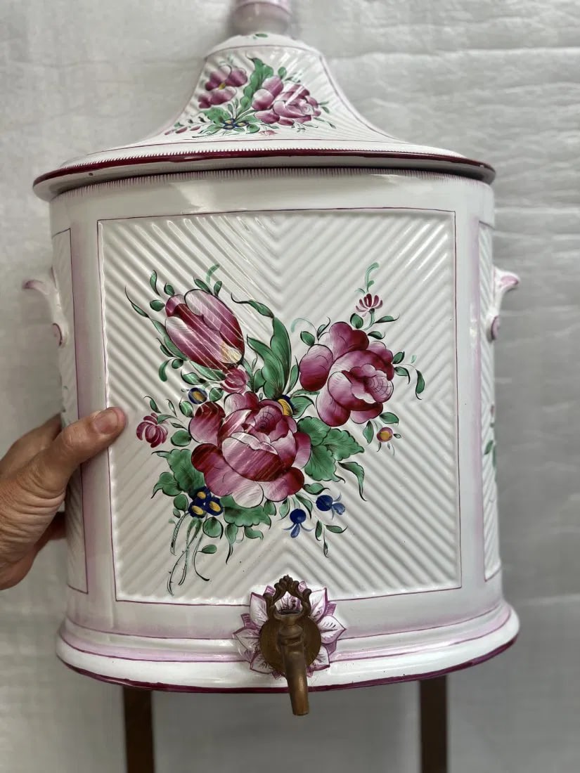 French Hand Painted Ceramic Water Cooler Dispenser w Brass Wall Frame (1 of 3)
