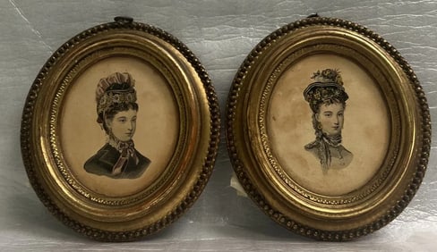 BORGHESE PORTRAIT SET CIRCA 1940s PAIR OF EDWARDIAN LADIES GILT GOLD OVAL FRAMES ITALY BORGHESE