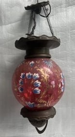 ANTIQUE HANGING JAPANESE HAND PAINTED GLASS LAMP