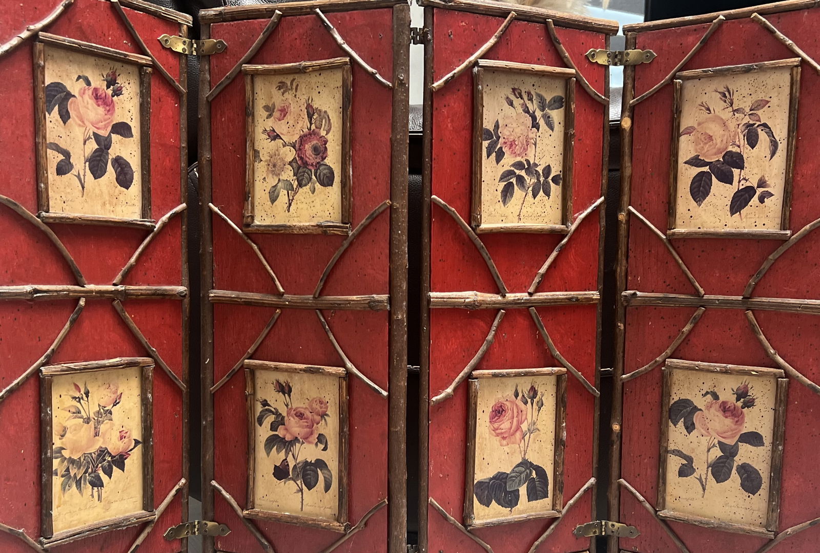 Vintage 4 Panal Hand Painted Bamboo and Wood 25" T 35" W (1 of 1)