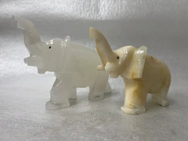 PAIR OF STONE ELEPHANTS , WHITE QUARTS , CREAM TONE ONYX
