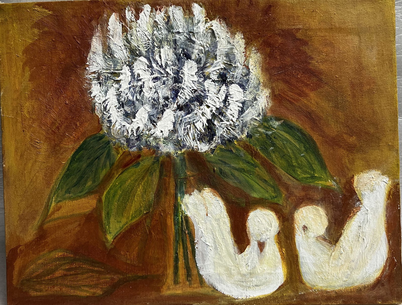 Floral Arrangment with 2 White Doves Oil on Canvas Expressive with thick Strokes (1 of 3)
