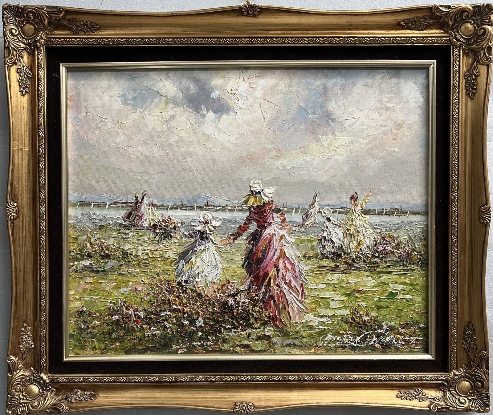 Marie Charlot (20th Century) French Think Applicationof Paint Oil On Board: Discover the serene touch of Marie Charlot's "a wave to the sea," a medium-sized original oil painting on cardboard that captures the essence of impressionism. The artwork is delicately framed, enhanc