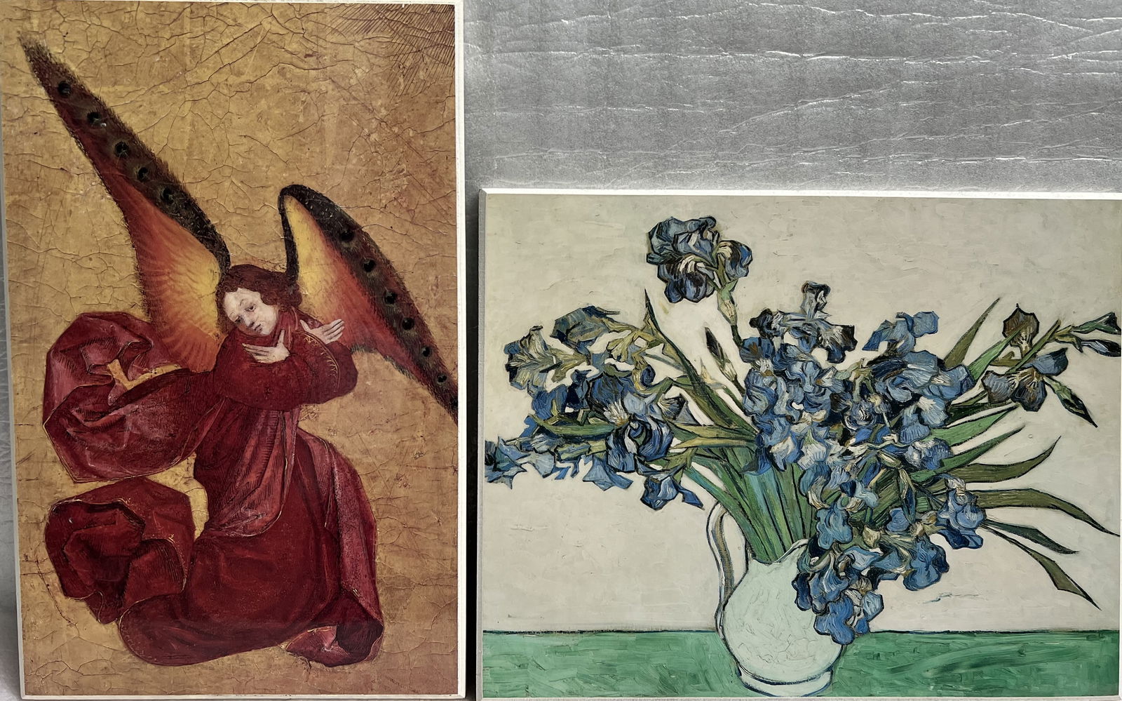 Collection of 2 Prints on Board , Van Gogh Irises, Perussis Altarpiece Angel (1 of 4)