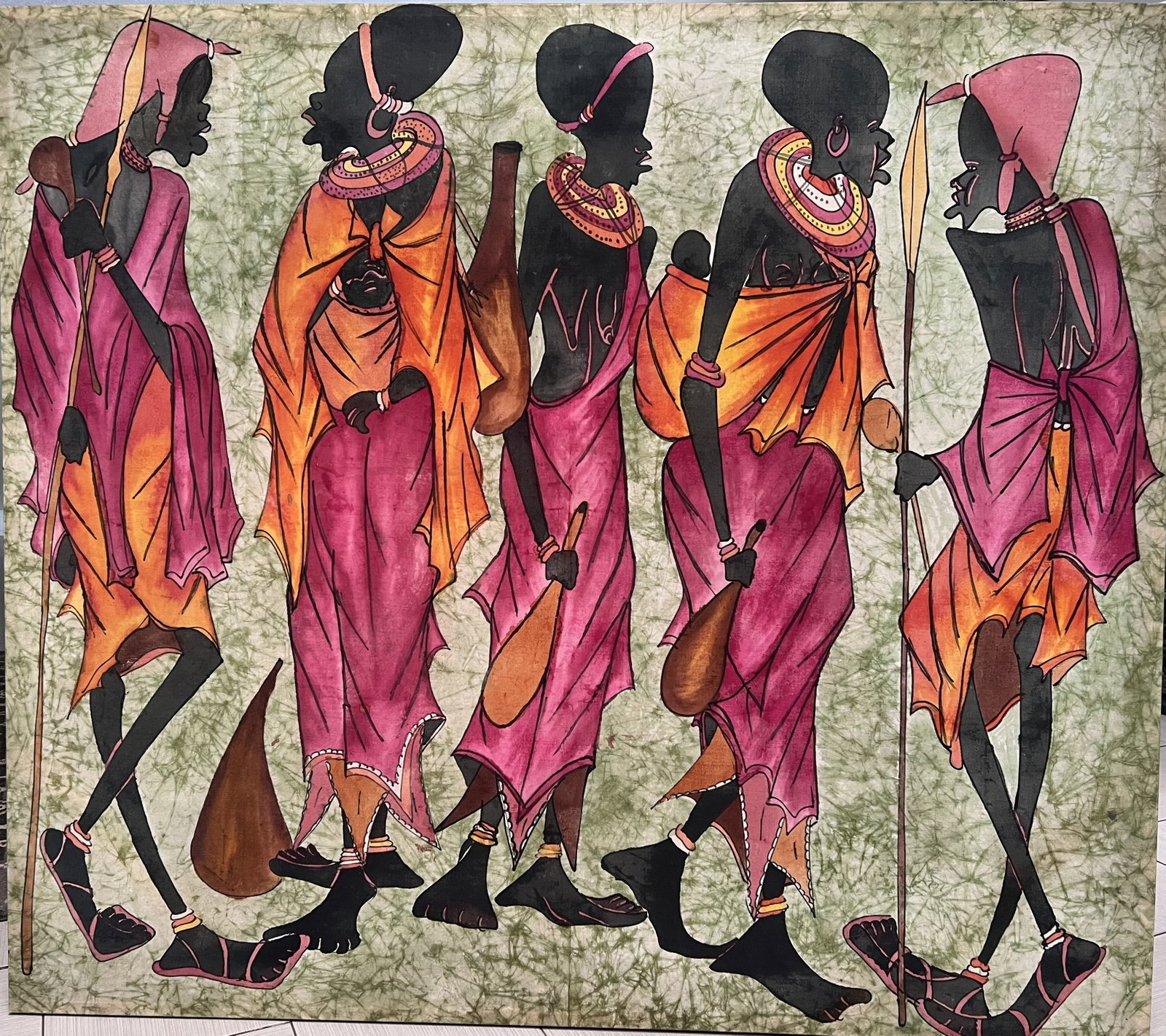 Stunning African Art from the Estate of a Professor , WaterColor on Cloth: Experience the rich cultural tapestry of Africa through this captivating large-scale watercolor painting. Crafted on high-quality cotton canvas, the piece showcases an exquisite blend of impressionist